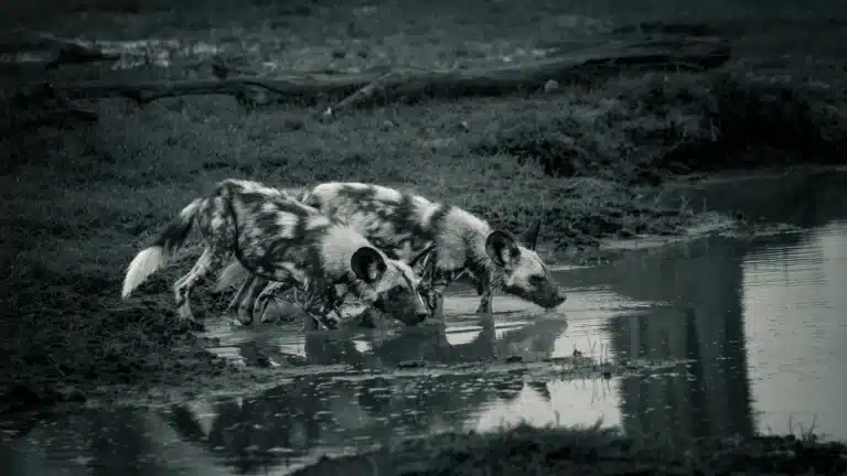 African wild dogs drinking water in black and white wildlife photograph